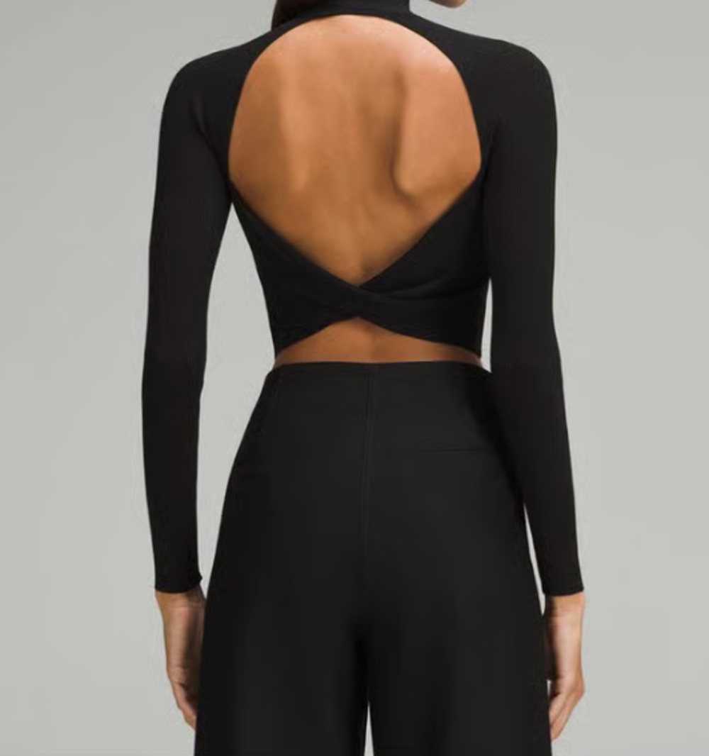 Lululemon Ribbed Knit Twist Back Mockneck Crop Sweater Sz XS Black Open Back